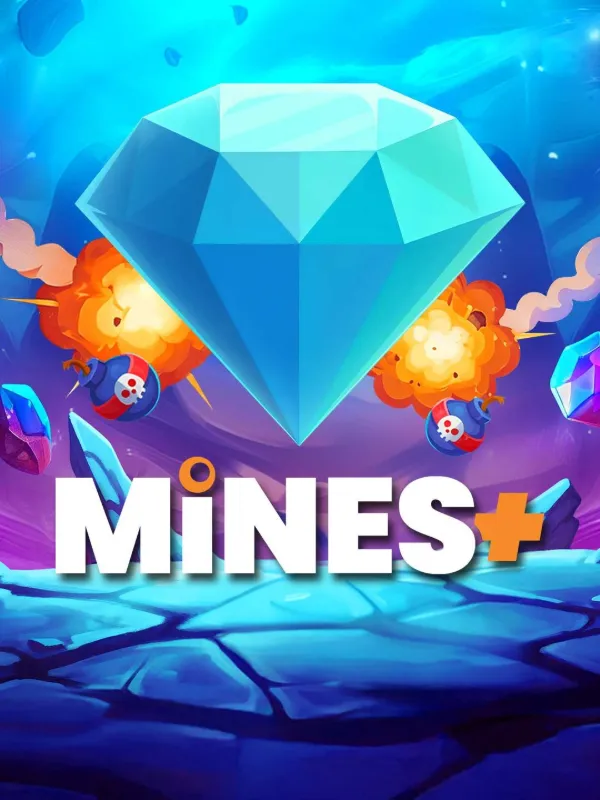 Mines+ en el celular: portada vertical con diamante y bombas