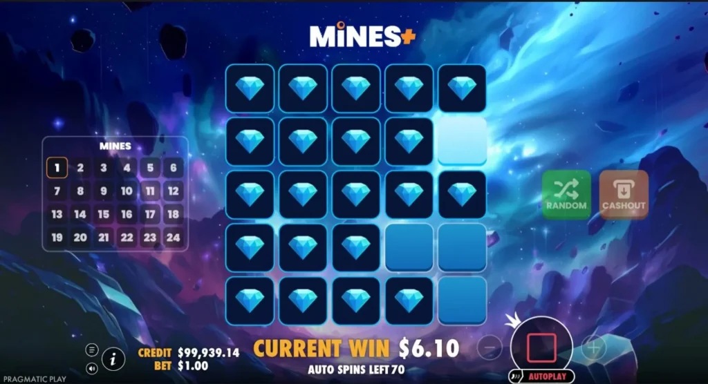 Tablero 5×5 de Mines+ en modo demo